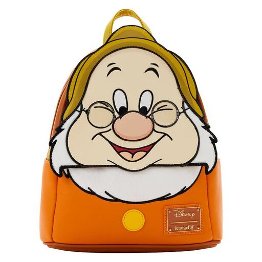 Orange mini backpack that features Doc from Snow White and the Seven Dwarfs 